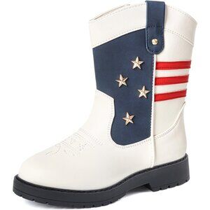 ⚡Girls White Synthetic Side Zipper Wide Calf Square Toe Kids Cowgirl Boots